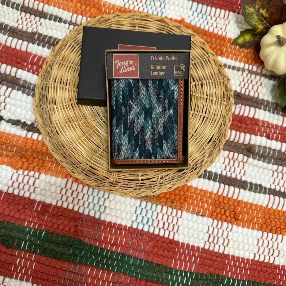New Tony Lama Tri-Fold Wallet RFID Blue Aztec Canvas Leather Cowboy Western